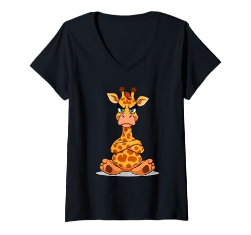 Damen Grummelige Cartoon-Giraffe Tierillustration T-Shirt mit V-Ausschnitt von Animals of the World - Giraffe