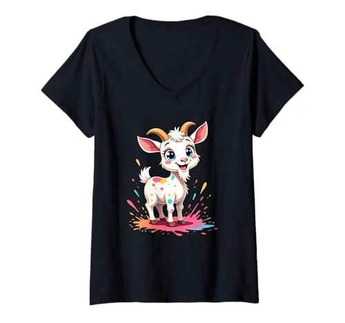 Damen Süße Comic-Ziege mit bunten Farbspritzern T-Shirt mit V-Ausschnitt Damen Süße Comic-Ziege mit bunten Farbspritzern T-Shirt mit V-Ausschnitt von Animals of the World - Goat