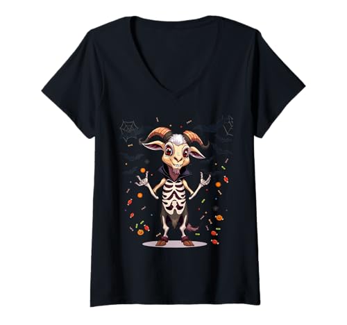 Damen Ziege im Skelettkostüm mit Fledermäusen und Süßigkeiten T-Shirt mit V-Ausschnitt Damen Ziege im Skelettkostüm mit Fledermäusen und Süßigkeiten T-Shirt mit V-Ausschnitt von Animals of the World - Goat