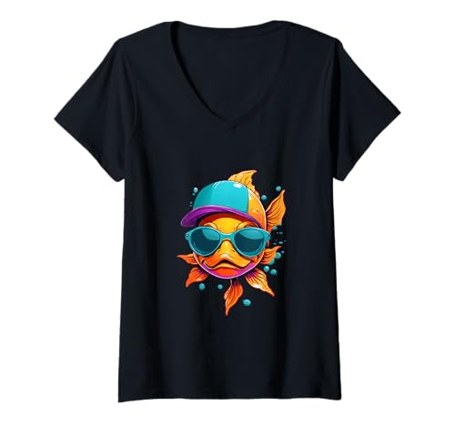 Damen Lustiger Cartoon-Goldfisch mit Sonnenbrille und Cap T-Shirt mit V-Ausschnitt von Animals of the World - Goldfish