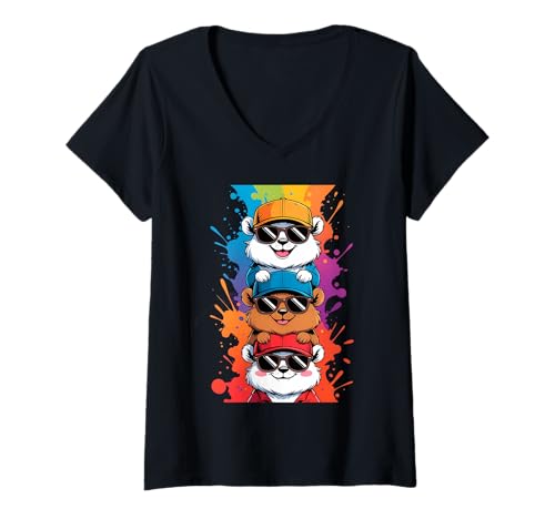 Damen Gestapelte Cartoon Hamster mit Sonnenbrillen und Caps T-Shirt mit V-Ausschnitt Damen Gestapelte Cartoon Hamster mit Sonnenbrillen und Caps T-Shirt mit V-Ausschnitt von Animals of the World - Hamster