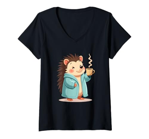 Damen Comic-Igel mit Kaffeetasse im Morgenmantel T-Shirt mit V-Ausschnitt von Animals of the World - Hedgehog