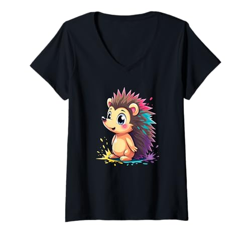 Damen Niedlicher Igel im Comicstil mit bunten Stacheln T-Shirt mit V-Ausschnitt Damen Niedlicher Igel im Comicstil mit bunten Stacheln T-Shirt mit V-Ausschnitt von Animals of the World - Hedgehog