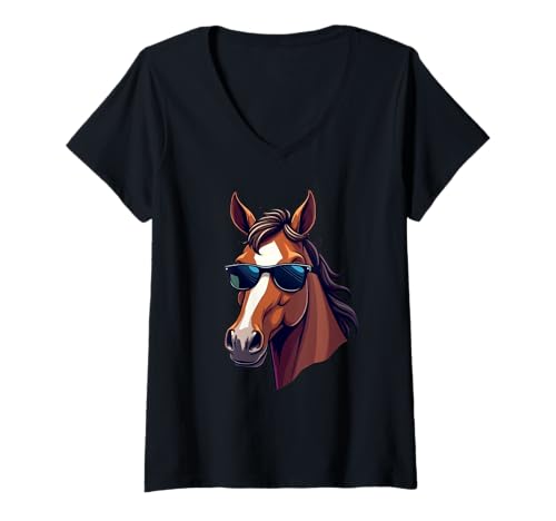 Damen Comic-Pferdekopf mit Sonnenbrille T-Shirt mit V-Ausschnitt Damen Comic-Pferdekopf mit Sonnenbrille T-Shirt mit V-Ausschnitt von Animals of the World - Horse