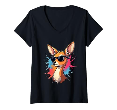 Damen Comic-Känguru mit Sonnenbrille und Farbspritzern T-Shirt mit V-Ausschnitt von Animals of the World - Kangaroo