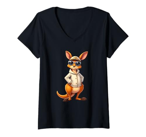 Damen Comic-Känguru mit Sonnenbrille und Heller Jacke T-Shirt mit V-Ausschnitt Damen Comic-Känguru mit Sonnenbrille und Heller Jacke T-Shirt mit V-Ausschnitt von Animals of the World - Kangaroo