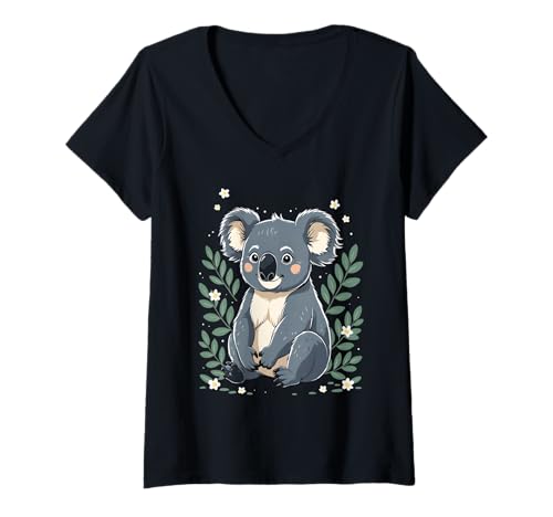 Damen Cartoon Koala Illustration mit Blumen T-Shirt mit V-Ausschnitt von Animals of the World - Koala