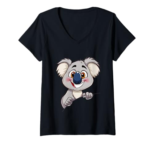 Damen Süßer Koala schaut hervor: Cartoon-Tierillustration T-Shirt mit V-Ausschnitt Damen Süßer Koala schaut hervor: Cartoon-Tierillustration T-Shirt mit V-Ausschnitt von Animals of the World - Koala