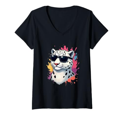 Damen Comic-Schneeleopardenkopf mit Sonnenbrille und Farbspritzern T-Shirt mit V-Ausschnitt Damen Comic-Schneeleopardenkopf mit Sonnenbrille und Farbspritzern T-Shirt mit V-Ausschnitt von Animals of the World - Leopard
