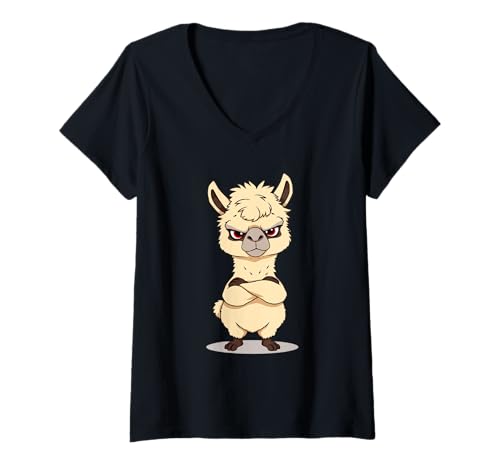 Damen Grimmiges Lama: Cartoon-Tierillustration T-Shirt mit V-Ausschnitt Damen Grimmiges Lama: Cartoon-Tierillustration T-Shirt mit V-Ausschnitt von Animals of the World - Llama