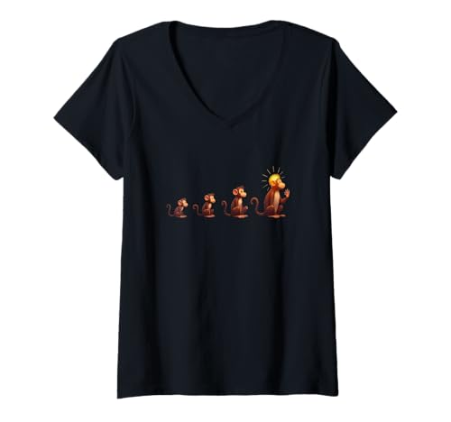 Damen Affen-Evolution mit Glühbirne im Comicstil T-Shirt mit V-Ausschnitt Damen Affen-Evolution mit Glühbirne im Comicstil T-Shirt mit V-Ausschnitt von Animals of the World - Monkey