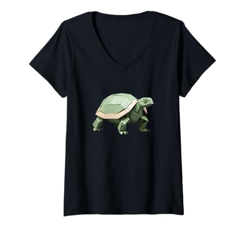 Damen Origami-Schildkröte – Geometrisches Tierdesign T-Shirt mit V-Ausschnitt von Animals of the World - Origami Turtle