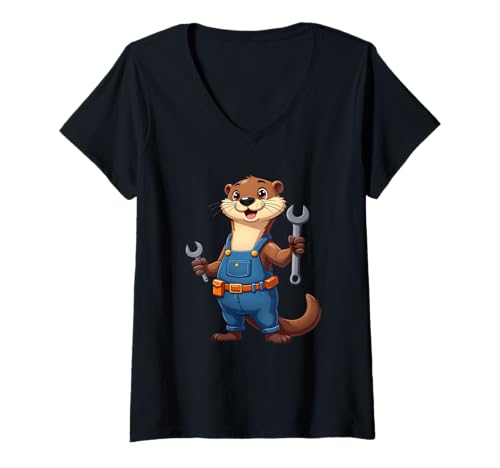 Damen Lustiger Otter als Handwerker – Comic-Tier mit Werkzeug T-Shirt mit V-Ausschnitt Damen Lustiger Otter als Handwerker – Comic-Tier mit Werkzeug T-Shirt mit V-Ausschnitt von Animals of the World - Otter