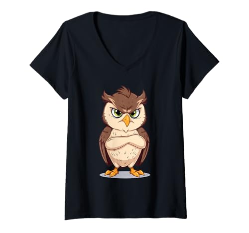 Damen Grimmige Eule Cartoon Tier Illustration T-Shirt mit V-Ausschnitt Damen Grimmige Eule Cartoon Tier Illustration T-Shirt mit V-Ausschnitt von Animals of the World - Owl