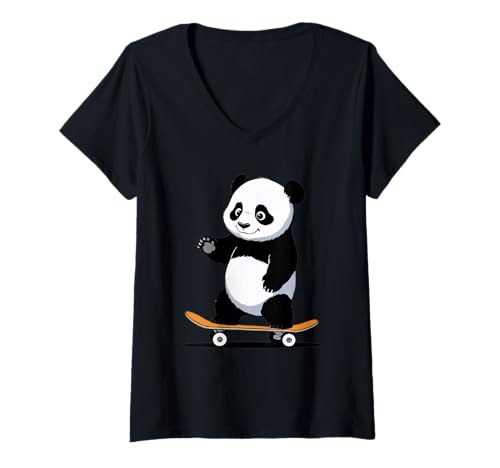 Damen Cartoon Panda Auf Skateboard Illustration T-Shirt mit V-Ausschnitt von Animals of the World - Panda