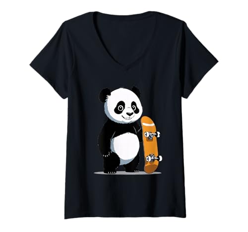 Damen Cartoon Panda Illustration Mit Skateboard T-Shirt mit V-Ausschnitt von Animals of the World - Panda
