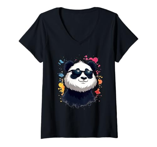 Damen Comic-Panda mit Sonnenbrille und Farbspritzern T-Shirt mit V-Ausschnitt Damen Comic-Panda mit Sonnenbrille und Farbspritzern T-Shirt mit V-Ausschnitt von Animals of the World - Panda