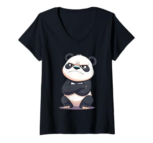 Damen Grimmiger Cartoon Panda Tier Illustration T-Shirt mit V-Ausschnitt Damen Grimmiger Cartoon Panda Tier Illustration T-Shirt mit V-Ausschnitt von Animals of the World - Panda