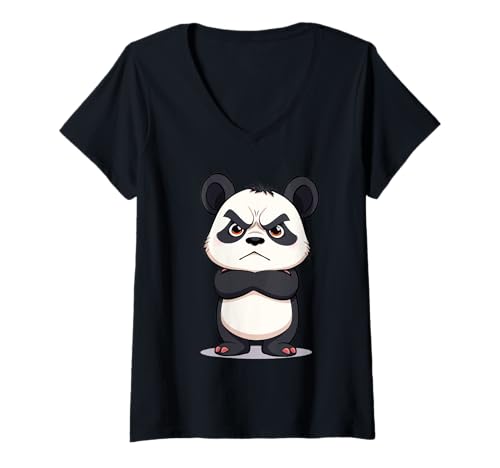 Damen Grimmiger Panda: Cartoon-Tierillustration T-Shirt mit V-Ausschnitt Damen Grimmiger Panda: Cartoon-Tierillustration T-Shirt mit V-Ausschnitt von Animals of the World - Panda