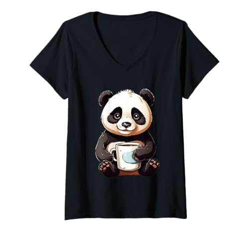 Damen Panda Cartoon Mit Kaffeetasse Illustration T-Shirt mit V-Ausschnitt von Animals of the World - Panda