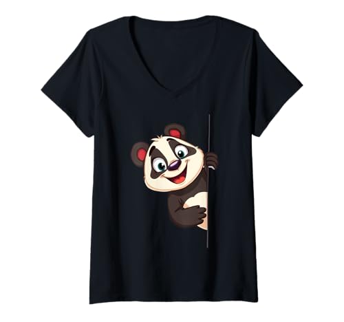 Damen Süßer Panda schaut hervor: Cartoon-Tierillustration T-Shirt mit V-Ausschnitt Damen Süßer Panda schaut hervor: Cartoon-Tierillustration T-Shirt mit V-Ausschnitt von Animals of the World - Panda
