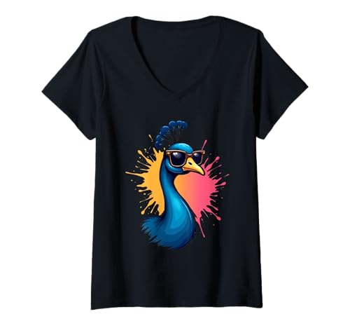 Damen Pfauenkopf mit Sonnenbrille – Bunte Cartoon-Illustration T-Shirt mit V-Ausschnitt von Animals of the World - Peacock