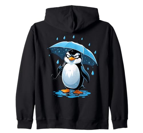 Cartoon Pinguin Illustration mit Regenschirm im Regen Kapuzenjacke von Animals of the World - Penguin