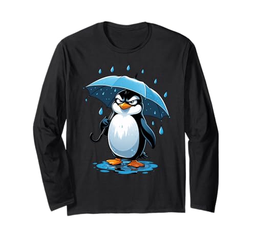 Cartoon Pinguin Illustration mit Regenschirm im Regen Langarmshirt von Animals of the World - Penguin