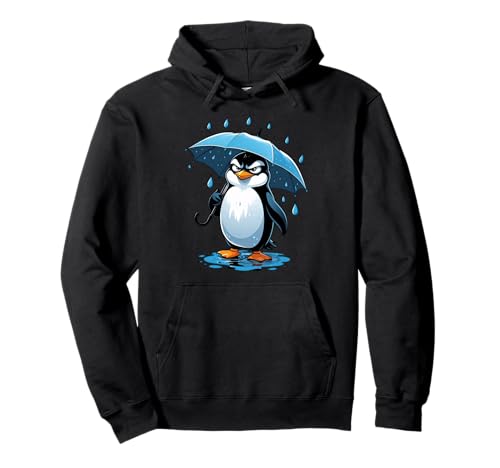 Cartoon Pinguin Illustration mit Regenschirm im Regen Pullover Hoodie von Animals of the World - Penguin