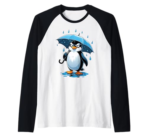 Cartoon Pinguin Illustration mit Regenschirm im Regen Raglan von Animals of the World - Penguin