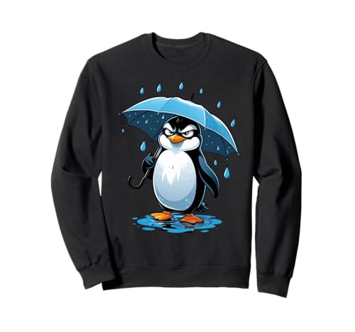 Cartoon Pinguin Illustration mit Regenschirm im Regen Sweatshirt von Animals of the World - Penguin