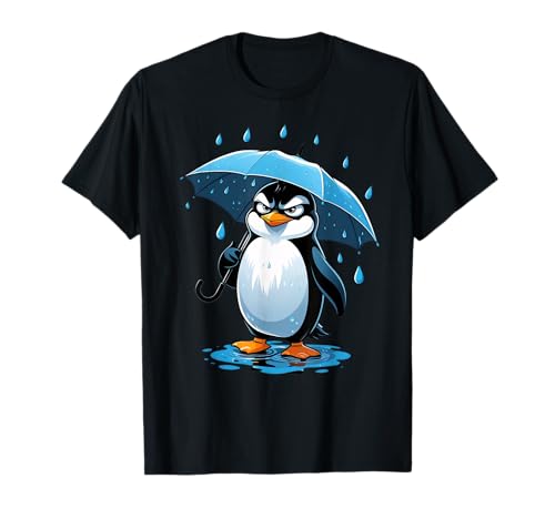 Cartoon Pinguin Illustration mit Regenschirm im Regen T-Shirt von Animals of the World - Penguin