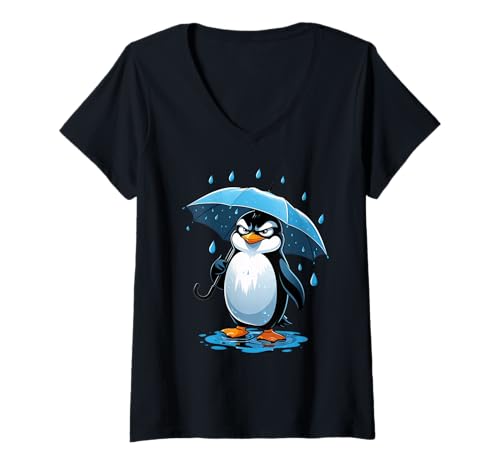 Damen Cartoon Pinguin Illustration mit Regenschirm im Regen T-Shirt mit V-Ausschnitt von Animals of the World - Penguin