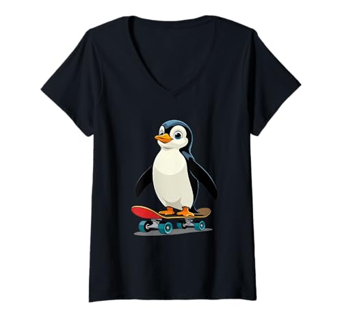 Damen Cartoon Pinguin mit Skateboard Tier Illustration T-Shirt mit V-Ausschnitt von Animals of the World - Penguin