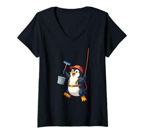 Damen Pinguin als Fensterputzer mit Eimer und Seil T-Shirt mit V-Ausschnitt von Animals of the World - Penguin