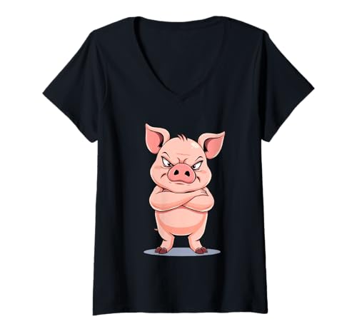 Damen Grimmiges Schwein: Cartoon-Tierillustration T-Shirt mit V-Ausschnitt Damen Grimmiges Schwein: Cartoon-Tierillustration T-Shirt mit V-Ausschnitt von Animals of the World - Pig