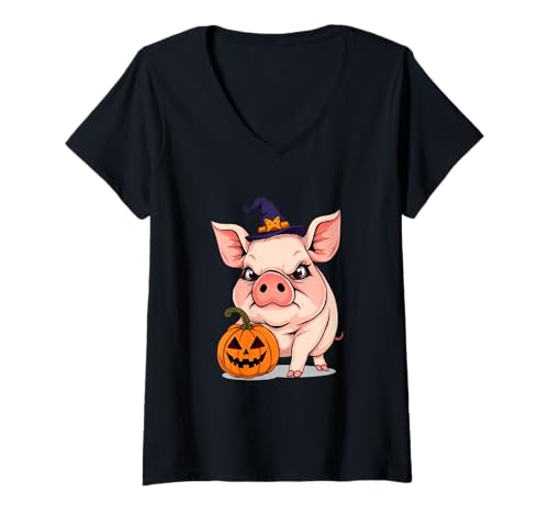 Damen Halloween Cartoon Schwein mit Hexenhut und Kürbis T-Shirt mit V-Ausschnitt Damen Halloween Cartoon Schwein mit Hexenhut und Kürbis T-Shirt mit V-Ausschnitt von Animals of the World - Pig