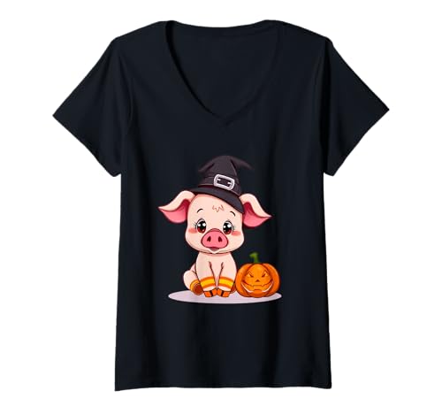 Damen Halloween-Schwein mit Hexenhut und Kürbis T-Shirt mit V-Ausschnitt Damen Halloween-Schwein mit Hexenhut und Kürbis T-Shirt mit V-Ausschnitt von Animals of the World - Pig
