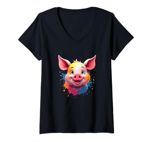 Damen Lachender Schweinekopf mit bunten Farbspritzern T-Shirt mit V-Ausschnitt Damen Lachender Schweinekopf mit bunten Farbspritzern T-Shirt mit V-Ausschnitt von Animals of the World - Pig