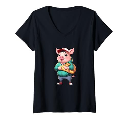 Damen Lustiges Schwein mit Pizzastück und Cap T-Shirt mit V-Ausschnitt Damen Lustiges Schwein mit Pizzastück und Cap T-Shirt mit V-Ausschnitt von Animals of the World - Pig