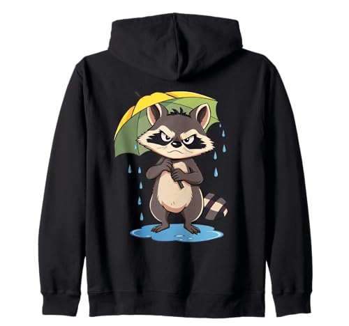 Comic Waschbär Illustration mit Regenschirm im Regen Kapuzenjacke von Animals of the World - Raccoon