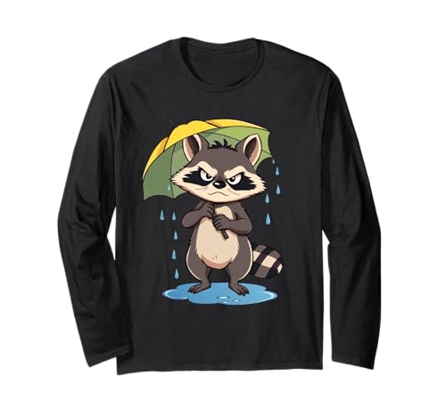Comic Waschbär Illustration mit Regenschirm im Regen Langarmshirt von Animals of the World - Raccoon