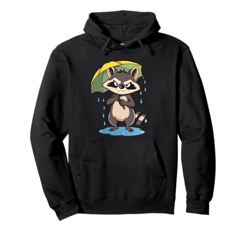 Comic Waschbär Illustration mit Regenschirm im Regen Pullover Hoodie von Animals of the World - Raccoon