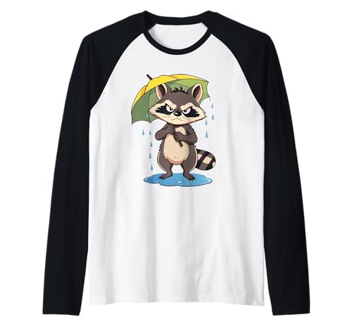 Comic Waschbär Illustration mit Regenschirm im Regen Raglan von Animals of the World - Raccoon