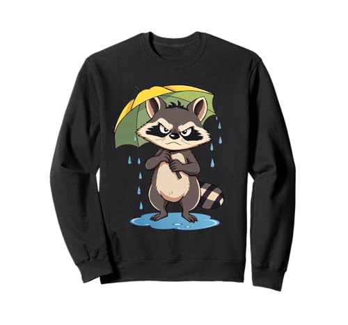 Comic Waschbär Illustration mit Regenschirm im Regen Sweatshirt von Animals of the World - Raccoon