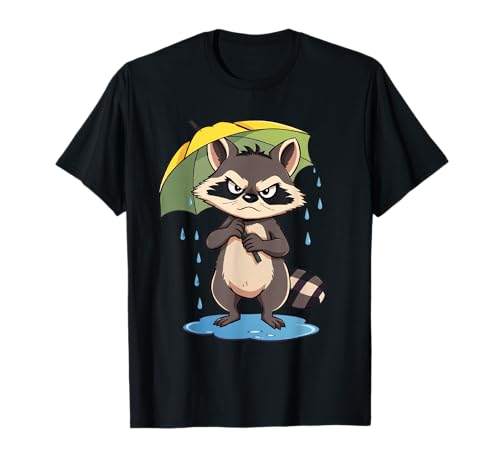Comic Waschbär Illustration mit Regenschirm im Regen T-Shirt von Animals of the World - Raccoon