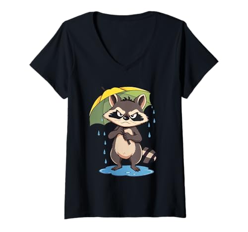 Damen Comic Waschbär Illustration mit Regenschirm im Regen T-Shirt mit V-Ausschnitt von Animals of the World - Raccoon