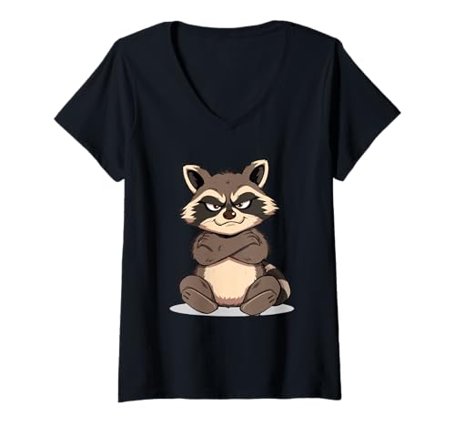 Damen Grimmiger Comic-Waschbär mit verschränkten Armen T-Shirt mit V-Ausschnitt von Animals of the World - Raccoon