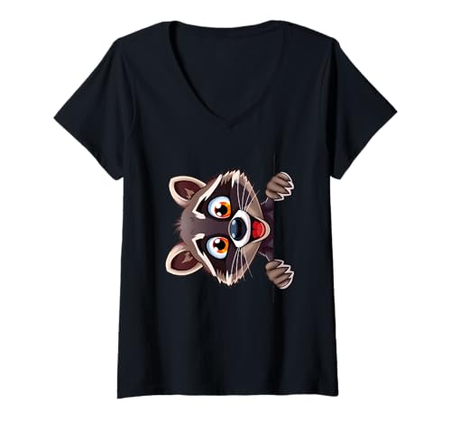 Damen Süßer Waschbär schaut hervor Cartoon Tierillustration T-Shirt mit V-Ausschnitt von Animals of the World - Raccoon