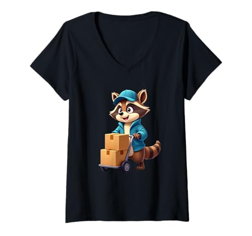 Damen Waschbär als Paketbote mit Kartons auf Sackkarre T-Shirt mit V-Ausschnitt von Animals of the World - Raccoon